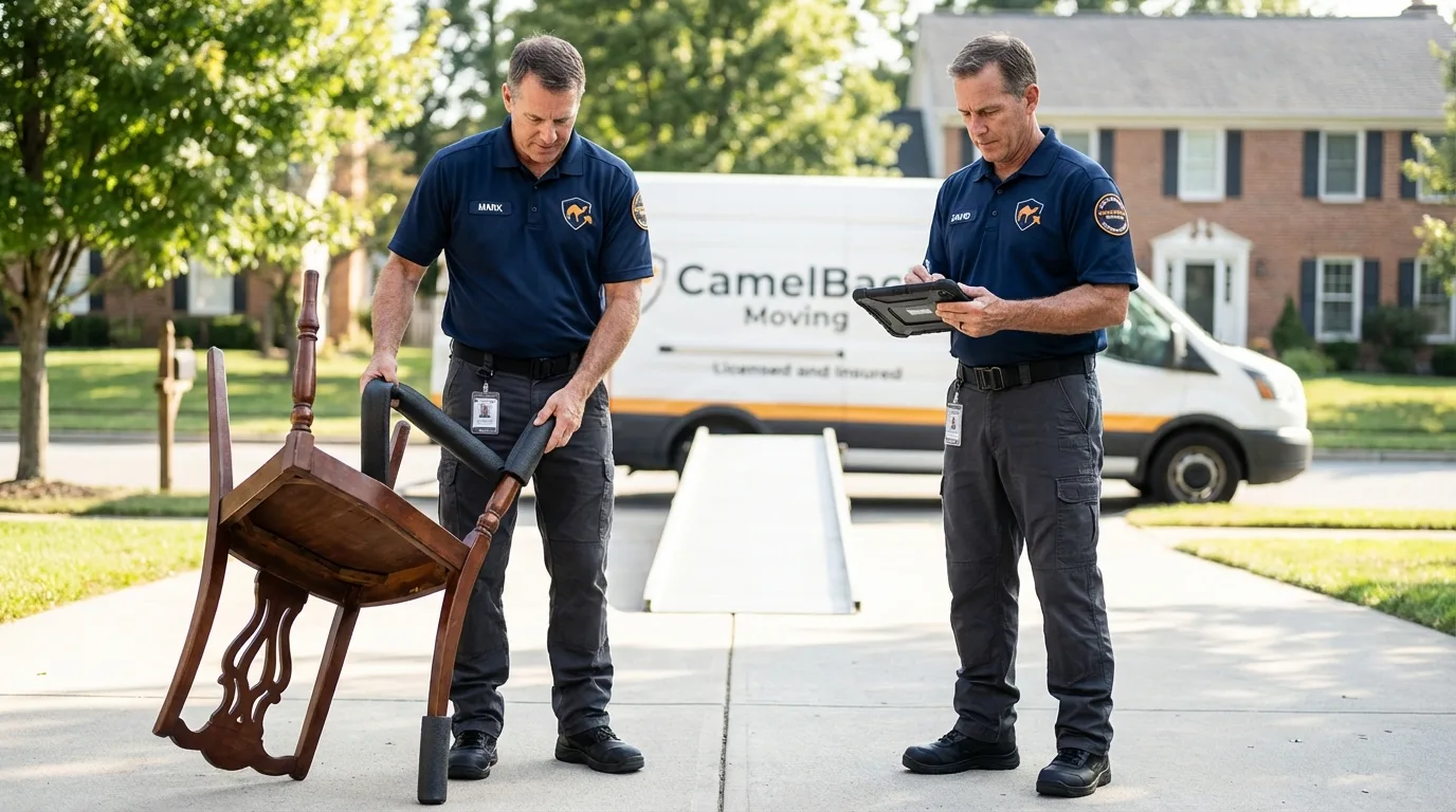 Movers inspecting furniture for damage prevention before loading in Sneads, FL